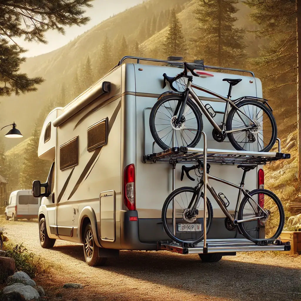 Autocaravana estacionada en un entorno natural con un portabicicletas montado en el maletero, llevando dos bicicletas. La escena destaca la comodidad y practicidad de transportar bicicletas en una autocaravana para aventuras al aire libre.